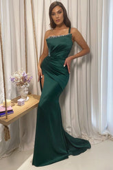 Elegant Dark Green One Shoulder Mermaid Evening Dress with Pleats Split and Beads